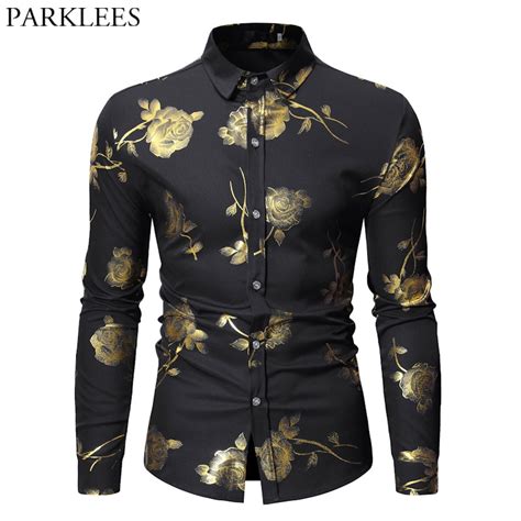 Mens Hipster Bronzing Rose Print Shirt Men Long Sleeve Gold Floral