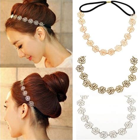 Pc Metal Chain Jewelry Hollow Rose Flower Elastic Hair Band Headband