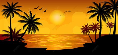 Sunset Tranquil Sea Summer Beach Coconut Tree Background Vector Sunset