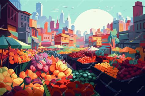 Premium AI Image | A cartoon illustration of a market with a cityscape ...