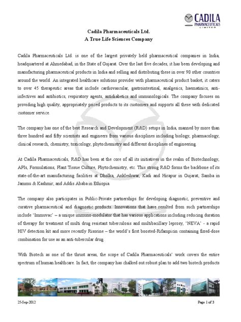 Cadila Pharmaceuticals Ltd. Profile | PDF | Medical Specialties | Life ...