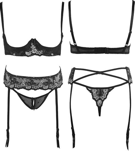 Agoky Sexy Flower Embroidery Lingerie Padded Sheer Mesh Bra And Knickers Lingerie Set Black M