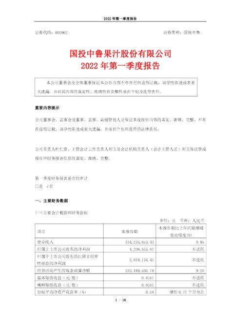 国投中鲁：国投中鲁2022年第一季度报告