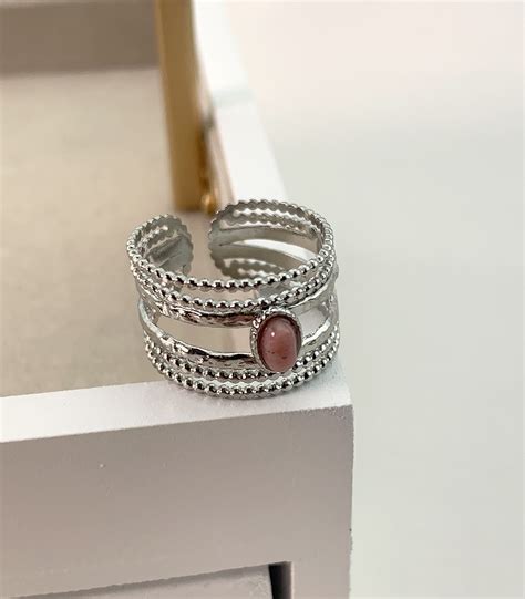 Bague Multi Rangs Ajustable Rhodonite Collection Cristale Bijoux