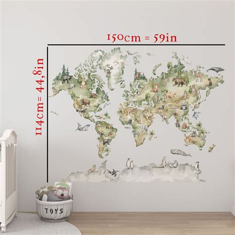 WORLD MAP Wall Decal for Kids, World Map Wall Decal, Wall Decal Animals ...