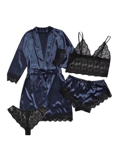 Women S Pieces Pj Set Satin Floral Lace Cami Top Lingerie Pajama Set