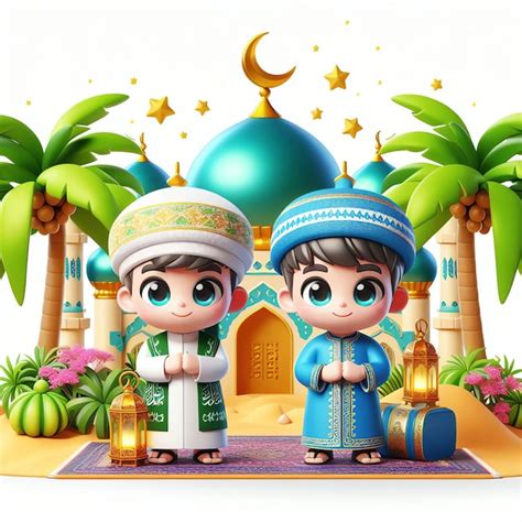 Chica Y Ni O Simp Ticos Personaje D Musulm N Celebrando El Eid Mubarak