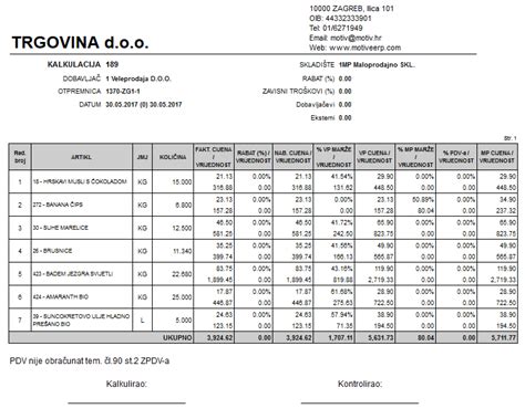 KALKULACIJA nabave Arios Agencija za računovodstvo informatiku