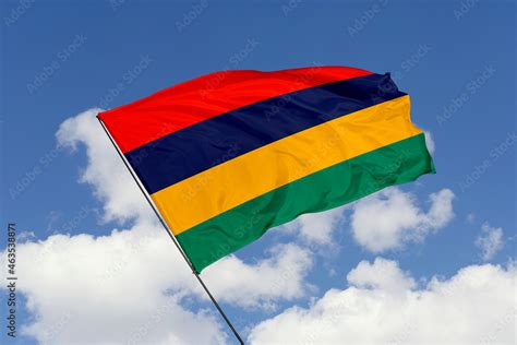 Mauritius Flag Isolated On The Blue Sky Background Close Up Waving Flag Of Mauritius Flag