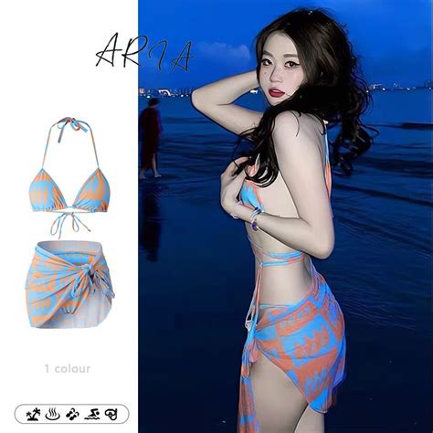 Ready Stock Seckill Seaside Vacation Bikini Swimsuit Female Three Piece Set Hollow Transparent