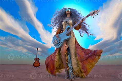 Beautiful Rock Star Woman With Electric Guitar Neural Network Ai