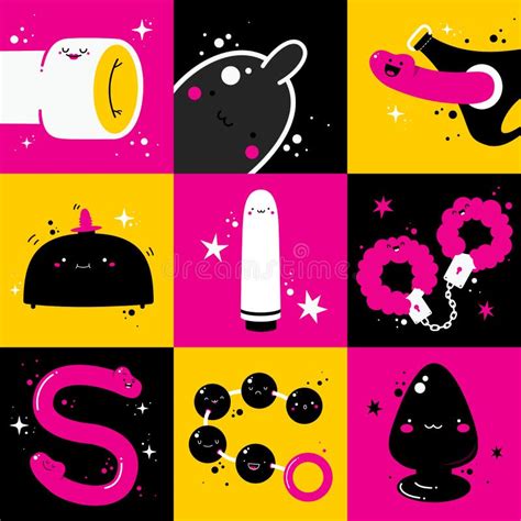 Set Of Cute Illustrations Of Different Sex Toys Dildos Handcuffs