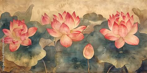 Vintage Chinese chinoiserie botanical watercolor painting drawing of ...