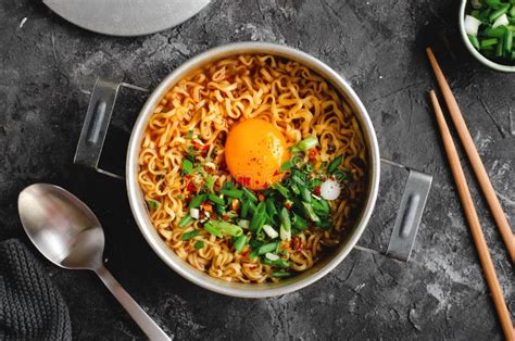 Korean Style Instant Noodles Shin Ramyeon Or Ramyun With Egg Scallion