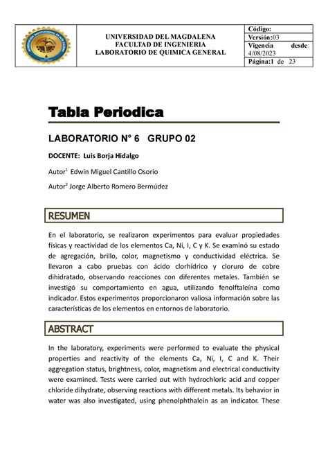 Laboratorio Tabla Periodica 6 UNIVERSIDAD DEL MAGDALENA FACULTAD DE