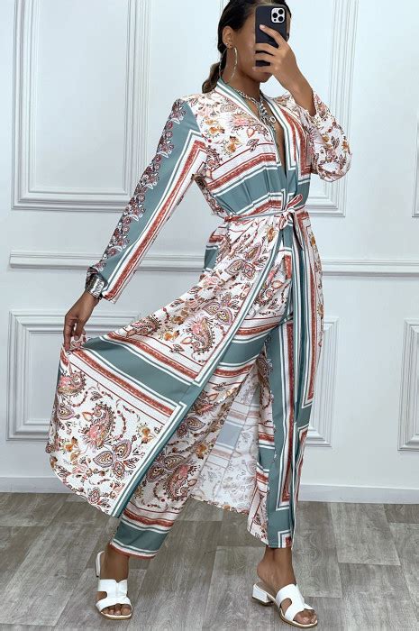 Ensemble Vert D Eau Pantalon Et Long Kimono Motif