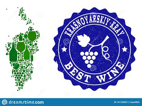 Colagem Do Mapa Do Vinho Da Uva De Krasnoyarskiy Kray E O Melhor Selo