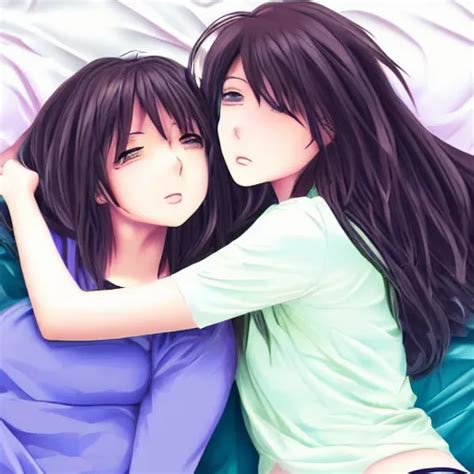 Digital Anime Art Two Girls Cuddling Together On Bed Stable Diffusion