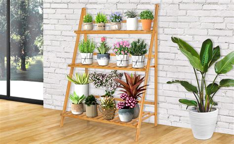 Ogori Bamboo Ladder Plant Stand Tier Foldable Organizer Flower