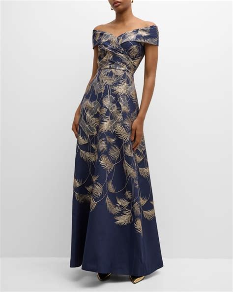 Rickie Freeman For Teri Jon Off Shoulder Metallic Floral Jacquard Gown