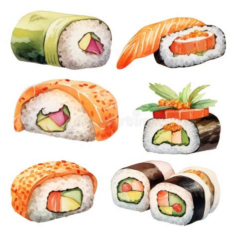 Sandwich Watercolor Set Hyper Realistic Illustration Of Sushi Rolls