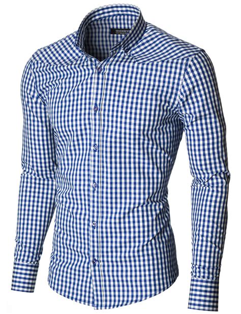 Moderno Mens Slim Fit Checkered Shirt Mod1458ls Blue White Mens Dress