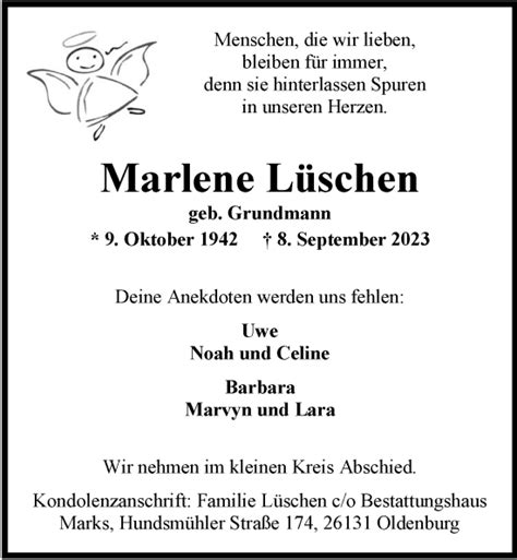 Traueranzeigen von Marlene Lüschen nordwest trauer de