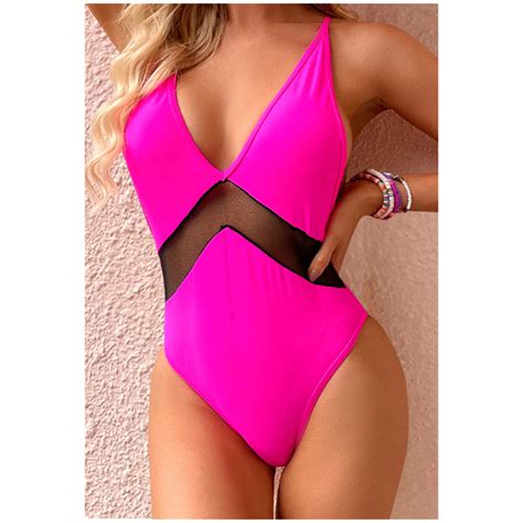 Hot Pink Sexy Girl Swimsuit Mesh See Through Patchwork Women V Neck Backless Micro Bikini Buy