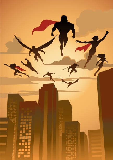 70 American Superhero Team Silhouette Vertical Stock Illustrations