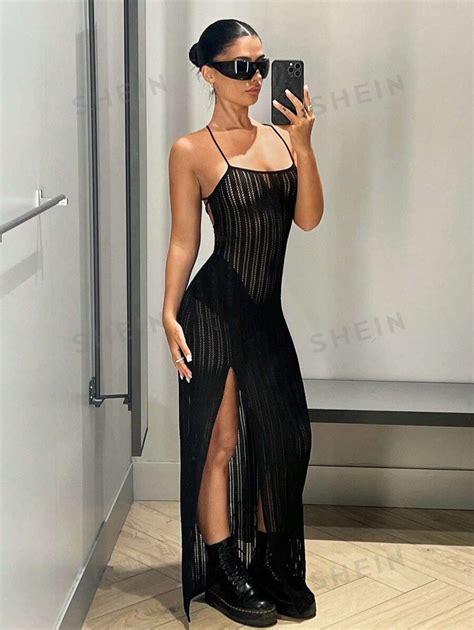 Shein Icon Lace Up Backless Split Thigh Mesh Cami Long Dress Without