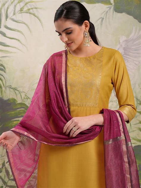 Buy Vishudh Yellow Ethnic Motifs Yoke Design Straight Kurta With