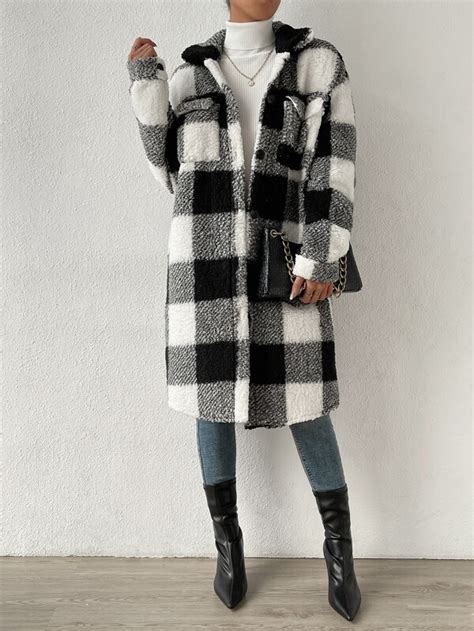 SHEIN Frenchy Buffalo Plaid Print Drop Shoulder Teddy Coat SHEIN USA