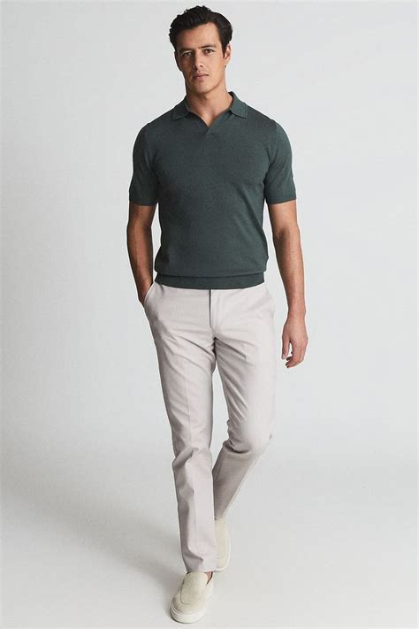 Men S Light Grey Pants Green Polo Shirt And Slip On Sneakers Outfit In