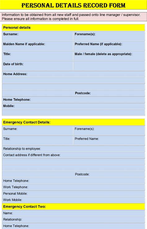 Best 10 Personal Information Form Templates Excel Word Template