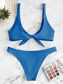 ZAFUL Knotted Plunge Bikini Swimsuit In DEEP BLUE ZAFUL