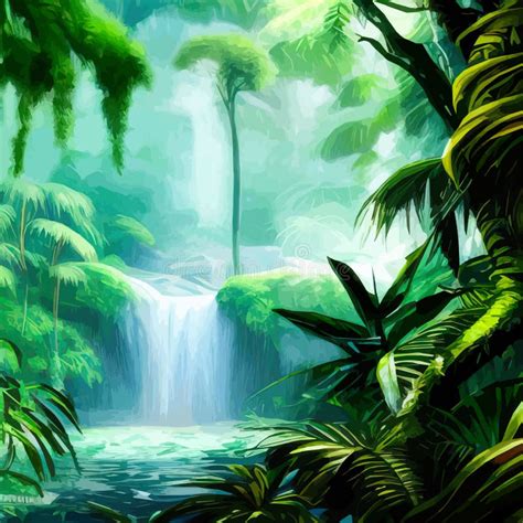 Beautiful Cartoon Forest Tropical Jungle With Wildlife Waterfall