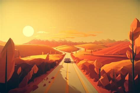 Premium AI Image | A road in the mountains with a sunset in the background.