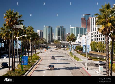 traffic on Shoreline Drive and the skyline in Long Beach, Los Angeles ...