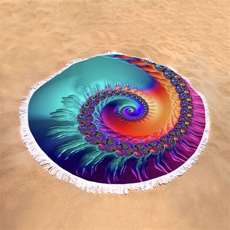 Vibrant And Colorful Fractal Spiral Round Beach Towel By Matthias