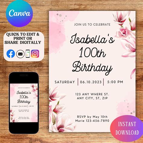 100th Birthday Party Invitation Template With Pink Flowers 100 Birthday