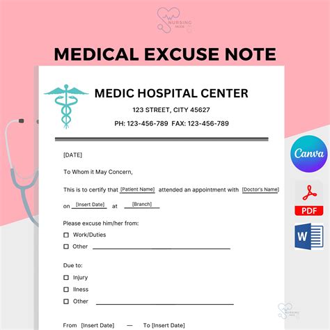 Medical Excuse Note, Doctors Excuse Letter, Excuse From Work, School, Hospital Excuse Letter ...