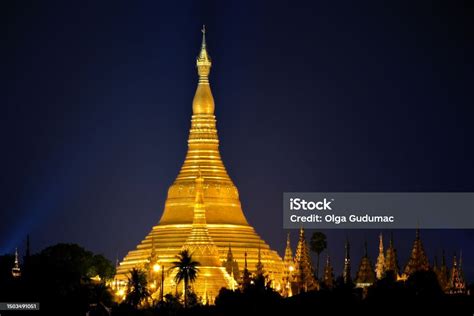 Night View Of Illuminated Shwedagon Pagoda In Yangon Myanmar Stock