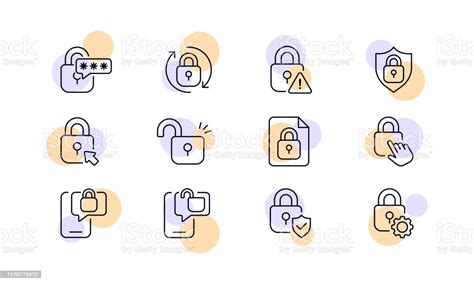 개인 정보 보호 잠금 설정 아이콘입니다 암호 원형 화살표 방패 경고 기호 커서 문서 손 전화 장비 개인 정보 보호 개인 데이터