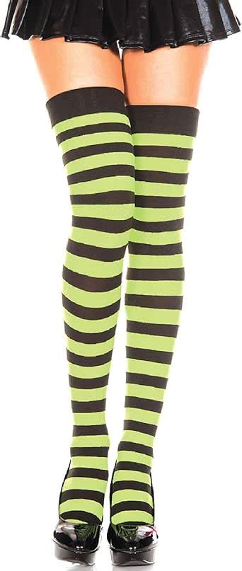 Music Legs Womens Wide Striped Thigh Highs Black Neon