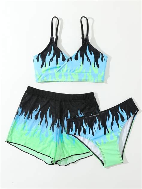 Ni As Piezas Ba Ador Bikini Con Estampado De Fuego Con Shorts De