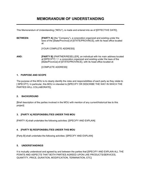 Memorandum Of Understanding Template By Business In A Box