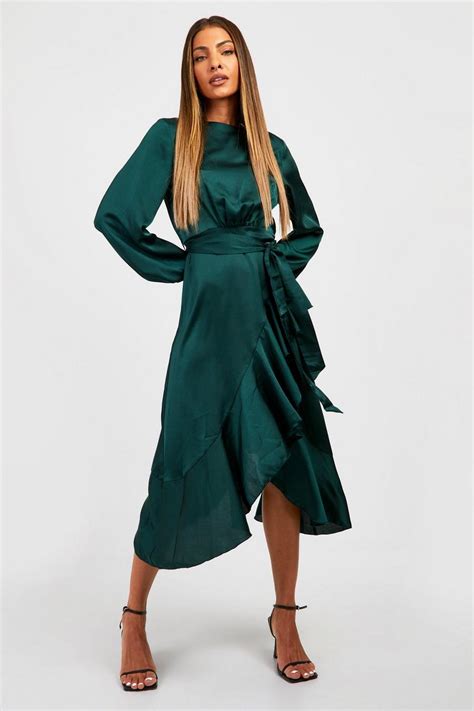 Long Sleeve Satin Frill Wrap Midi Dress Boohoo Uk