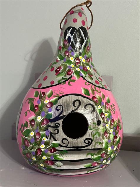 Gourd Birdhouse Cottage Hand Painted Vibrant Pink Cottage Gray Roof