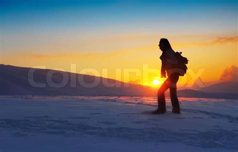 Woman Reisenden Wandern Im Winter Berge Trekking Im Winter Kalte Und