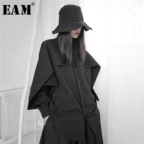 Eam Women Black Ruffles Stitch Big Size Blouse New Lapel Long Sleeve